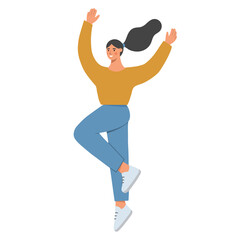 Young smiling girl jumps for joy. The concept of happiness, freedom, victory, triumph, optimism, enjoying life. Flat vector illustration isolated on white background.