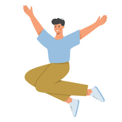 Young smiling man jumps for joy. The concept of happiness, freedom, victory, triumph, optimism, enjoying life. Flat vector illustration isolated on white background.