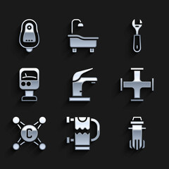 Set Water tap, Heated towel rail, filter, Industry metallic pipe, Pressure water meter, Wrench spanner and Toilet urinal or pissoir icon. Vector