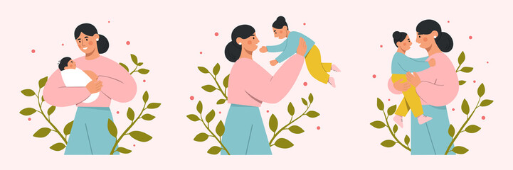 Mother and child collection. Beautiful woman holding her cute baby in arms. Happy Mother's Day. Flat vector illustration.