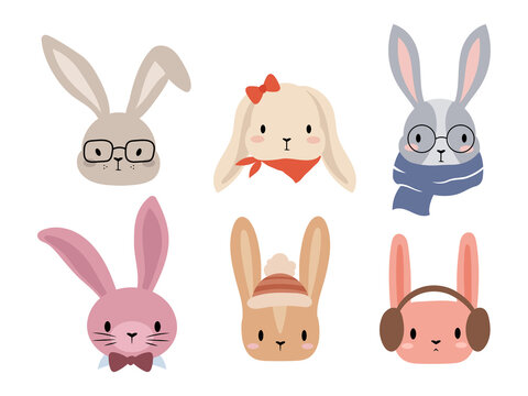 Set of cute bunny faces. Collection of cartoon rabbit faces with glasses, a scarf, a hat and a bow. Holiday rabbits. Colorful illustration isolated on white white. Drawing with children.