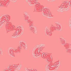 Saint Valentine's day irregular seamless pattern. Winged heart pastel pink silhouette endless texture. Romantic Valentine day boundless background. Cute doodle surface design for textile or flyer.