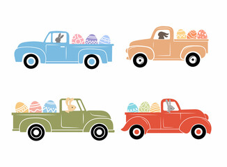Set of cute hares on easter truck. Collection of cartoon bunny faces on a vintage truck with easter eggs. T-shirt design. Colorful illustration of holiday transport.  Drawing with children.