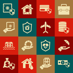 Set Money with shield, Umbrella in hand, Credit card, House, Safe, and Plane icon. Vector