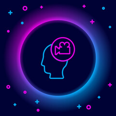 Glowing neon line Head with camera icon isolated on black background. Video camera. Movie sign. Film projector. Colorful outline concept. Vector