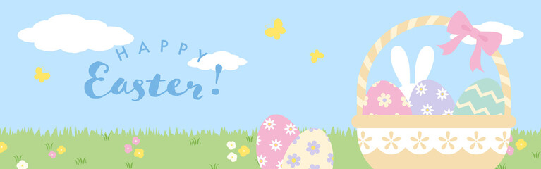 vector background with easter eggs and bunny in a basket for banners, cards, flyers, social media wallpapers, etc.