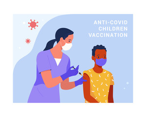 Anti-Covid Children Vaccination banner. Vector modern illustration of a teenage African-American boy and a nurse with a syringe giving an injection. Isolated on abstract background