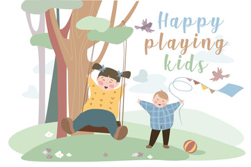 Happy playing kids concept background. Smiling children play on playground in park, outdoor activities. Little girl rides on swing and cute boy flies kite. Vector illustration in flat cartoon design