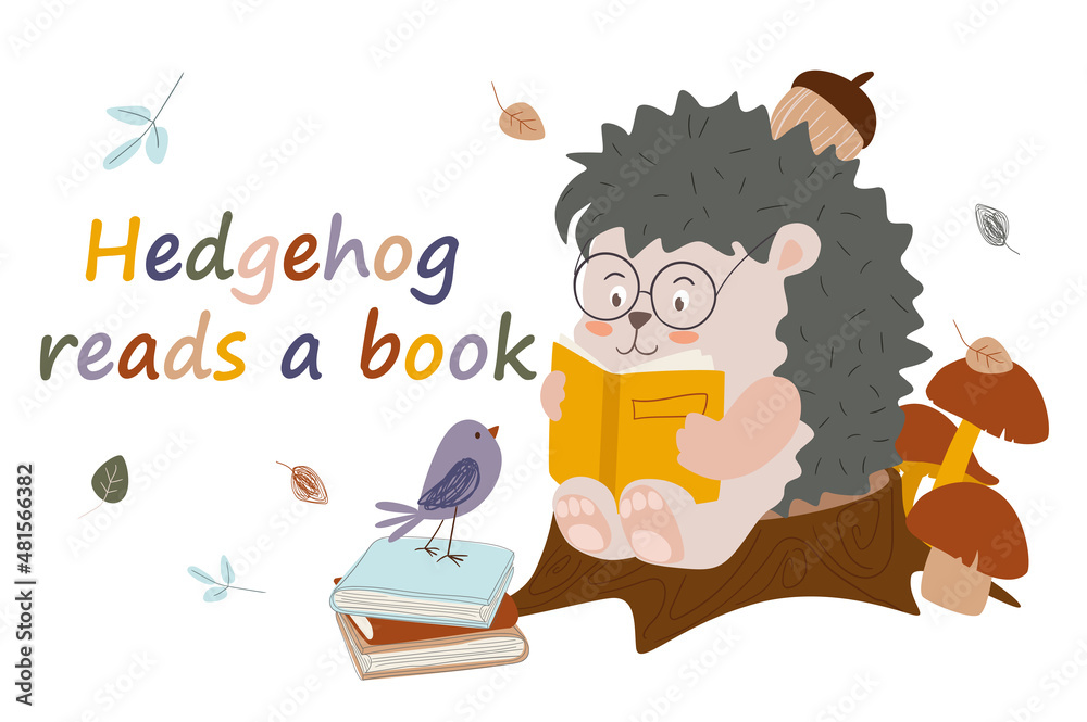 Wall mural cute hedgehog reads a books concept background. happy pet reading and sitting on stump by pile of bo