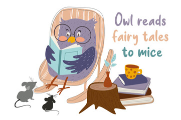 Owl reads fairy tales to mice concept background. Animal reads book sitting in chair nearby pile of books. Happy pets love literature, learning, education. Vector illustration in flat cartoon design