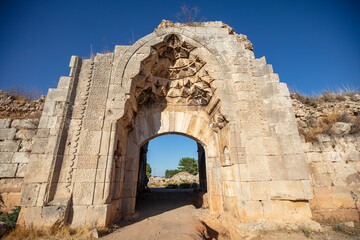 Evdirhan, historical and ancient relic, camel caravans accommodation place. Very close to the ancient city of Termessos, selcuklu era. Aerial bird's eye view, Antalya / TURKEY.
