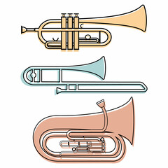 Set of musical wind instruments trumpet trombone tuba, color isolated vector illustration