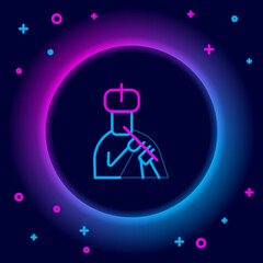 Glowing neon line Indian man plays flute icon isolated on black background. Artist playing Bansuri folk music of India. Colorful outline concept. Vector