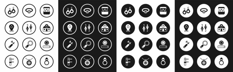 Set Diamond engagement ring in box, Earrings, Jewelry store, Gem stone and Jewelers lupe icon. Vector