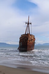 Dimitrios ship wreck old and rusty on beach near Gythio, peleponnes, Greece