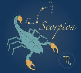 Zodiac sign Scorpion horoscope symbol in vector. Mystical astrology elements. Green scorpion with gold sting and claws. Constellation Scorpio. Illustration for calendar, cards, banners and other.