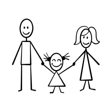 Happy family concept. Parents and their daughter stick figures isolated on white background. Vector illustration.