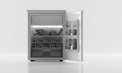 A refrigerator filled with money. 3d render, 3d illustration. The concept of making savings, putting more value for money over food. Freezing cash.