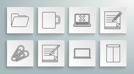 Set line Paper clip, Coffee cup, Blank notebook and pen, Laptop, Envelope, cross mark on screen, pencil with eraser and Document folder icon. Vector