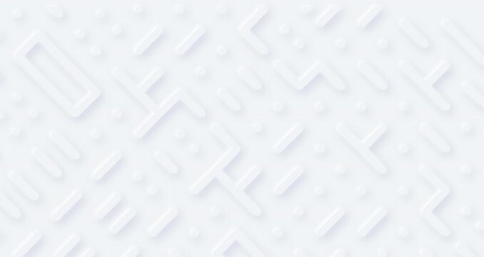 4k white dynamic abstract animation with soft shadow. 3d move dots, lines, maze pattern. Neumorphism ui style. Light grey motion design. Blank animated illustration for presentation. Squid Game style