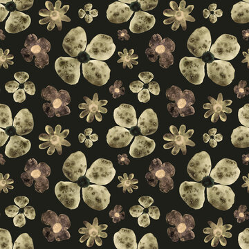 Seamless floral pattern, hand drawn in watercolor in a freestyle or doodle style. Flowers on a dark background. Texture for fabric and wrapping paper.