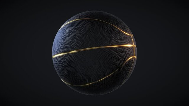 Black basketball ball with golden glowing lines and dimple texture rotating on dark background. Futuristic sports concept. Seamless loop. Alpha channel. 3d rendering
