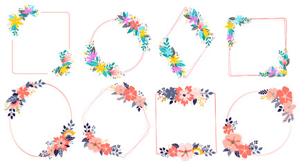 set of 8 floral womanlike frames isolated on white background with copy space. Good for greeting cards, posters, prints, invitations, rsvp, wedding and holidays decor, etc. EPS 10