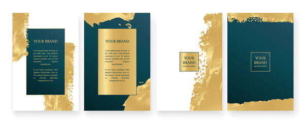 Modern cover design set. Creative art pattern with gold brush stroke, paint drop (spot) on green and white background. Luxe artistic vector collection for flyer, poster, notebook, brochure template
