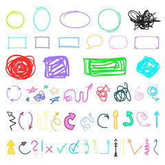 Abstract circles, arrows and rectangles. Multicolored infographic elements isolated on white. Set of different indicator signs. Hand drawn simple objects. Right and left direction pointers