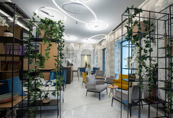 Interior of a hotel lobby cafe with marble floor