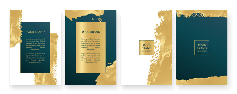 Modern Cover Design Set. Creative Art Pattern With Gold Brush Stroke, Paint Drop (spot) On Green And White Background. Luxe Artistic Vector Collection For Flyer, Poster, Notebook, Brochure Template