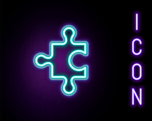 Obraz premium Glowing neon line Piece of puzzle icon isolated on black background. Business, marketing, finance, layout, infographics, internet concept. Colorful outline concept. Vector