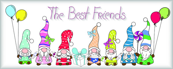 Hand drawn gnomes and lettering best friends. Background, banner, poster, invitation, greeting card, wallpaper, print for International Friendship Day. Vector illustration.