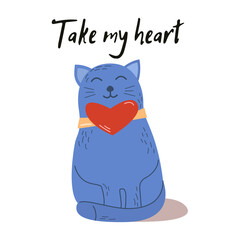 A cat with a heart on its collar. Congratulations for lovers. Lucky cat. Vector card, banner, flyer, poster.