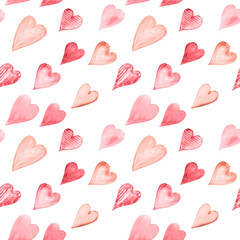 Watercolor heart seamless pattern for fabric. Valentine;s day hearts, Pastel heart repeat background for Valentine's Day greeting cards, posters, baby shower