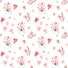 Watercolor heart seamless pattern for fabric. Valentine;s day hearts, Pastel heart repeat background for Valentine's Day greeting cards, posters, baby shower