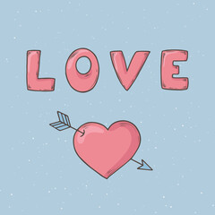 Red Heart with Arrow  in doodle style. Greeting Card with hand drawn word - Love.  Love and Valentine’s Day concept. Designs for greeting cards, print, web, wrapping paper or fabric template