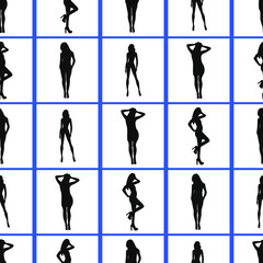 Vector seamless pattern. The contours of the girls in various poses are highlighted with blue squares on a white isolated background. 