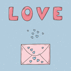 Word Love and Mail envelope. Love letter  in doodle style. Trendy cute elements, Love, Romantic  and Valentine’s Day concept. Designs for greeting cards, print, web, wrapping paper or fabric template