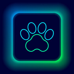 Fototapeta na wymiar Glowing neon line Paw print icon isolated on black background. Dog or cat paw print. Animal track. Colorful outline concept. Vector