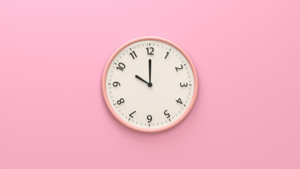 Closeup pink wall clock set on pastel pink background.  White wall clock hanging on the wall. Minimalist flat lay image of plastic wall clock over pink background. Copy space and central composition.