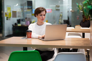 Fototapeta premium A photo of a young woman who sits at the food court of a shopping center at a table and works at a computer laptop. Freelance concept