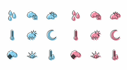Set line Cloud with snow, Sunset, Water drop, Thermometer, rain and sun, Moon stars, and Celsius cloud icon. Vector