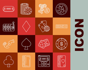 Set line Deck of playing cards, Casino chip with dollar symbol, chips, game dice and glass whiskey ice cubes, Playing diamonds, Slot machine lucky sevens jackpot, Poker table and icon. Vector