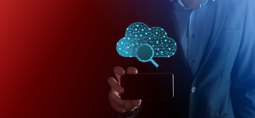 Cloud technology. Polygonal wireframe cloud storage sign with search magnifier icon on dark blue....