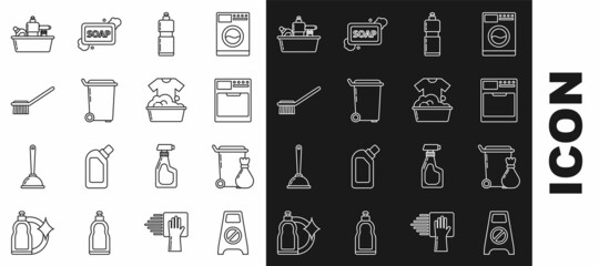 Set line Wet floor and cleaning in progress, Trash can, Washer, Plastic bottles for liquid dishwashing liquid, Toilet brush, and basin with soap suds icon. Vector
