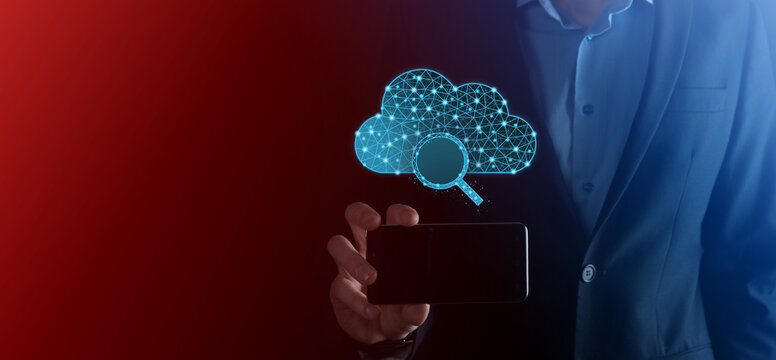 Cloud technology. Polygonal wireframe cloud storage sign with search magnifier icon on dark blue. Cloud computing, big data center, future infrastructure, digital ai concept. Virtual hosting symbol