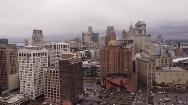 Skyscrapers and streets of Detroit, aerial fly forward shot