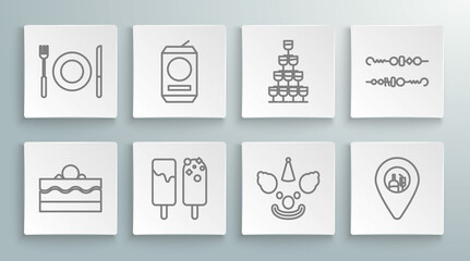 Set line Cake, Beer can, Ice cream, Clown head, Alcohol or beer bar location, Wine glasses stacked in pyramid tower, Grilled shish kebab and Plate, fork and knife icon. Vector