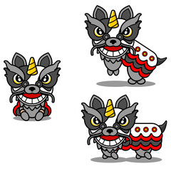 cat animal mascot cartoon character vector with lion dance head set bundle